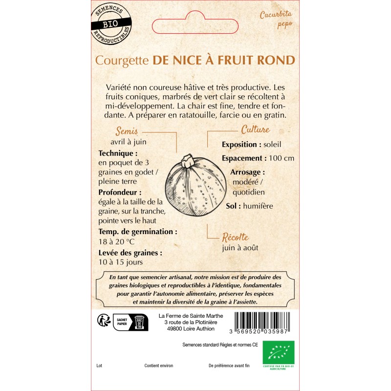 COURGETTE DE NICE A FRUIT ROND BIO