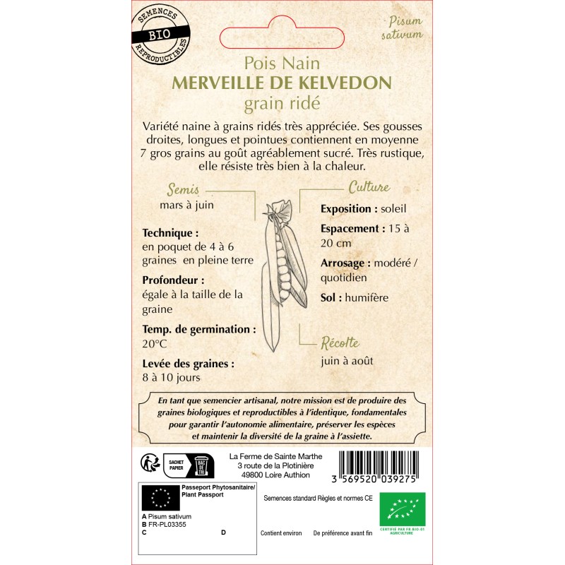 POIS NAIN MERVEILLE DE KELVEDON BIO SCH 10G