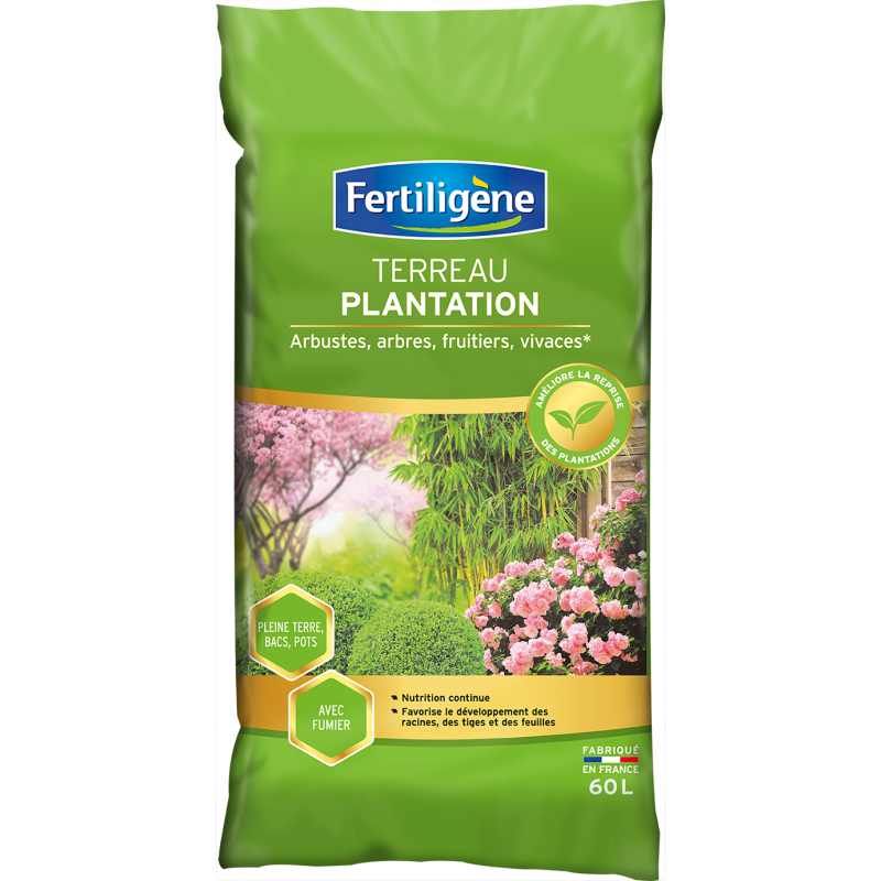 Terreau plantation, arbustes à fleurs, conifères